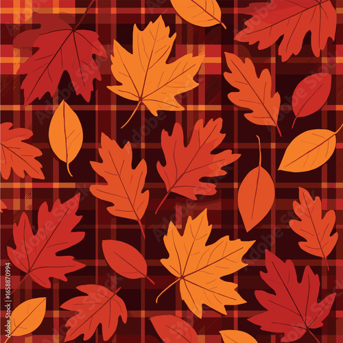 A symphony of autumn hues and patterns fills this artwork, featuring leaves and plaid motifs. The arrangement is both structured and free-flowing,