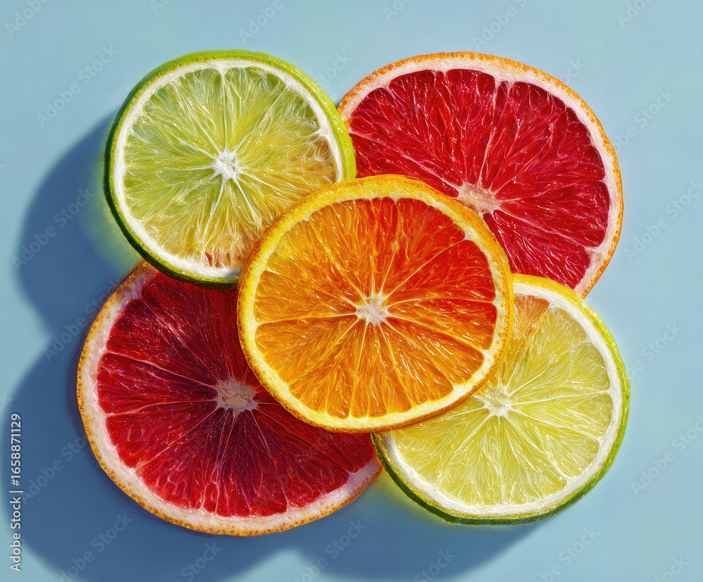 Fototapeta premium Sliced citrus fruits arranged beautifully on a light background showcasing vibrant colors and textures
