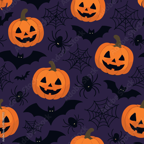 A playful assortment of Halloween elements, including orange pumpkins, black bats, and spiders with webs, arranged in a seamless pattern. The deep