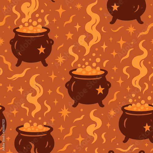 Cauldrons bubbling with mystical potions form a repeating pattern, surrounded by stars and wisps of smoke. Each cauldron is rendered in a simplistic,