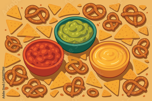 An assortment of dipping sauces in small, colorful bowls—red salsa, green guacamole, and yellow cheese dip—complementing the snacks. These bowls are