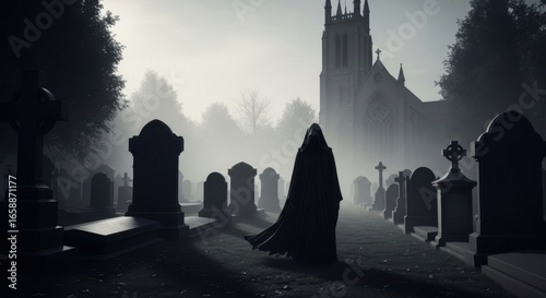 Grim Reaper Walks Through Foggy Graveyard Near Church