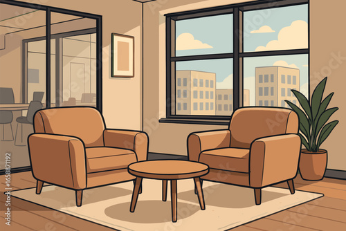 A cozy lounge area within the office, featuring a couple of plush armchairs and a small coffee table. This space is ideal for informal meetings or