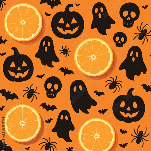 Slices of juicy oranges, perfectly round and vibrant, are interspersed among the Halloween elements. Their bright colors offer a refreshing contrast
