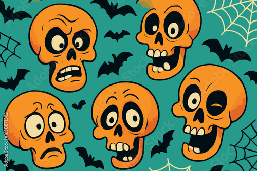 Orange skulls with animated expressions scattered on a vibrant teal background, each face uniquely quirky with exaggerated features. These skulls are