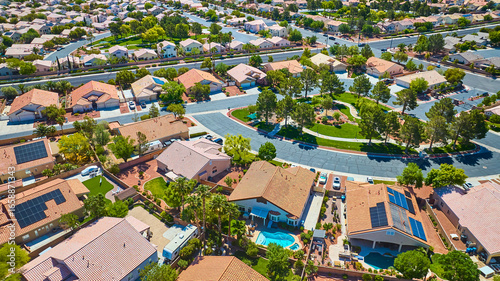 Photography Aerial Residential Neighborhood With Park and Pool in Suburban Las Vegas