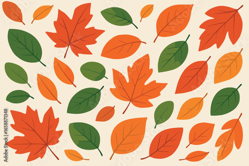 An assortment of autumn leaves in varying shapes and sizes, scattered across the canvas in a lively composition. The vibrant reds, oranges, and greens
