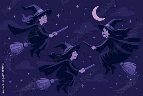 Friendly witches on broomsticks soar through the air, leaving trails of sparkling dust behind them. The witches are depicted in mid-flight, their