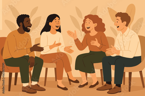 A diverse group of four people sits in a circle, engaged in animated discussion. Each person holds a different posture, highlighting their individual