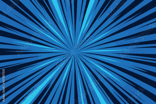 Vibrant blue rays burst from the center in a symmetrical pattern, capturing the viewer's attention with their dynamic flow. The interplay of light and