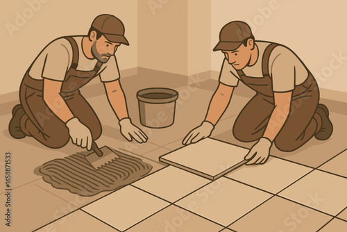 Workers laying tiles on a floor, one spreading adhesive while the other places tiles carefully. The setting is a bare room, focusing on the meticulous