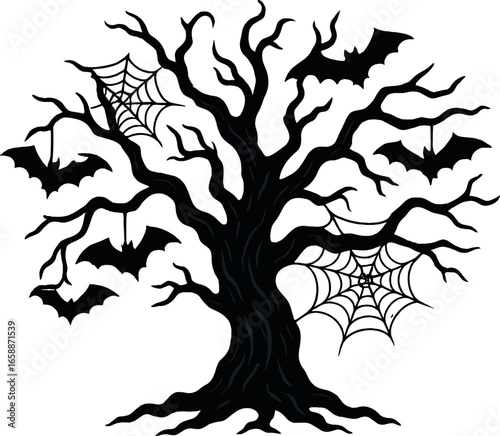 A spooky tree with gnarled branches, adorned with hanging bats and cobwebs. The tree stands tall and imposing, its twisted limbs creating an intricate