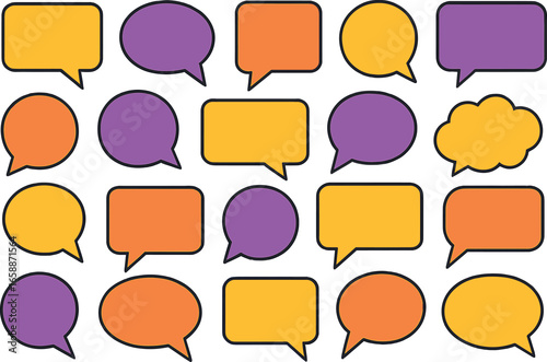 A grid of speech bubbles in various shapes and vibrant colors, including yellow, purple, and orange. Each bubble is outlined with a thin black line,