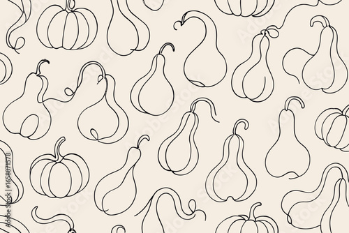Gourds in a one-line art style, artistically arranged in a seamless pattern. The diverse forms and curves of the gourds create a dynamic and playful