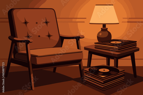 A cozy living room setting features a mid-century modern armchair beside a small table stacked with vinyl records. The soft glow of a nearby lamp