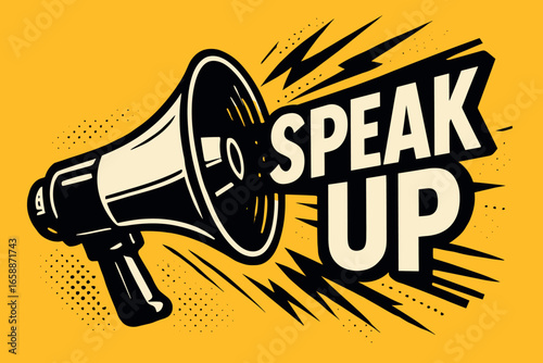 A bold megaphone emits dynamic sound waves, set against a vibrant yellow background. The composition features bold black and white contrast, with