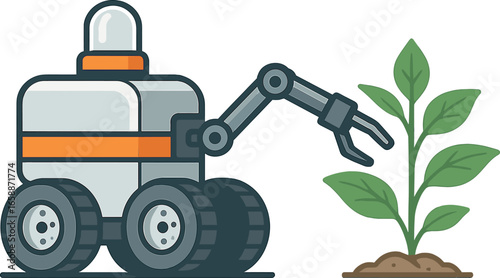 A wheeled agricultural robot approaches a plant, its robotic arm extended towards it. Positioned at the bottom left, the robot is set against a