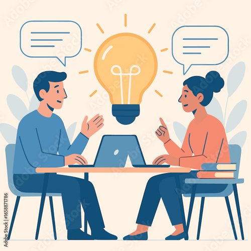 Two colleagues are engaged in a brainstorming session, centered around a large, glowing lightbulb symbolizing ideas. They sit across from each other