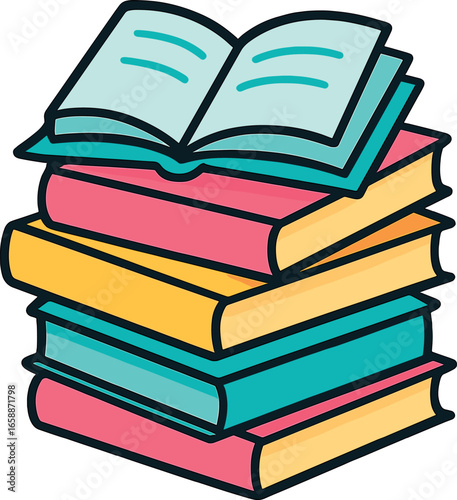 A stack of colorful books with bold outlines, featuring open and closed covers. The books are arranged in a neat pile, with vibrant shades of teal,