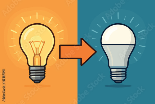 A comparative illustration with an arrow transitioning from an incandescent bulb to an LED bulb, highlighting the shift towards efficiency. The arrow
