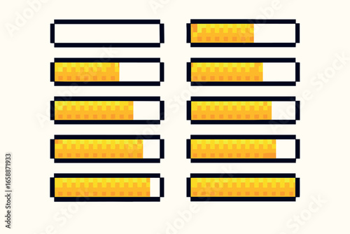 A series of pixelated loading bars in various stages of completion, arranged neatly in two columns. The bars are filled with a bright yellow gradient,