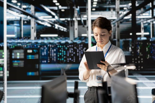 Wallpaper Mural Engineer in data center using tablet, doing software updates, verifying neural network parameters. Technician in server room inspecting configurations, ensuring optimal application performance Torontodigital.ca