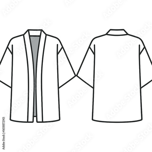A front and back view of a traditional kimono jacket, depicted with clean, bold lines and a minimalist style. The garment features wide sleeves and a