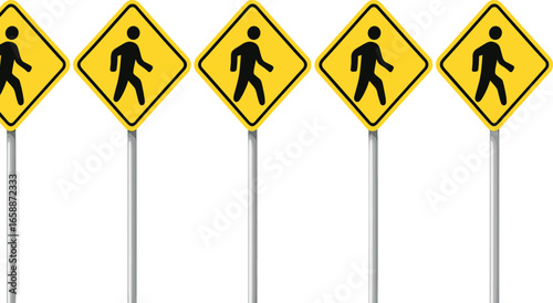A row of yellow pedestrian crossing signs featuring a simple human silhouette. Each sign is mounted on a silver pole, evenly spaced to create a