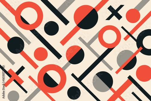 A bold geometric pattern of circles, lines, and crosses creates a lively composition. The red, black, and gray palette is both striking and cohesive,