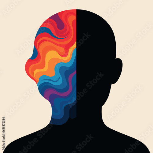 An abstract illustration features a single silhouette with half the head filled with vibrant, swirling colors, representing emotional turmoil. The