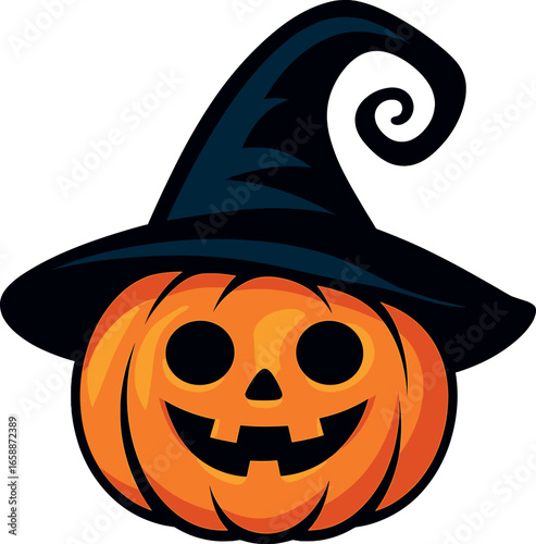 A single, animated jack-o'-lantern with wide, round eyes and a toothy grin wears an oversized witch hat. The hat's exaggerated peak spirals