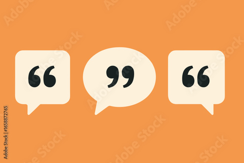 A series of three speech bubbles arranged horizontally, each adorned with stylized quotation marks. The first and last bubbles are rectangular with