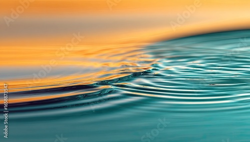 Teal water ripples sunset reflection; calming nature background for spa, wellness, or serenity themes