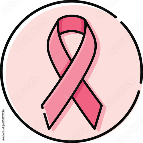 Stylized pink ribbon icon representing breast cancer awareness and support within a circular frame.