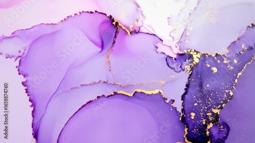 Purple gold wavy fluid art background with marble technique on abstract texture