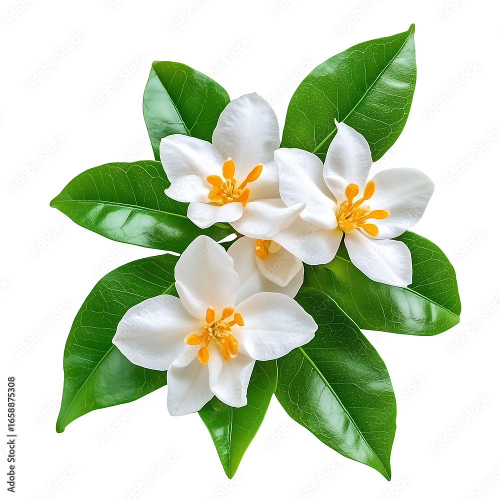 Obraz premium Three Delicate White Flowers with Lush Green Leaves on Black Background