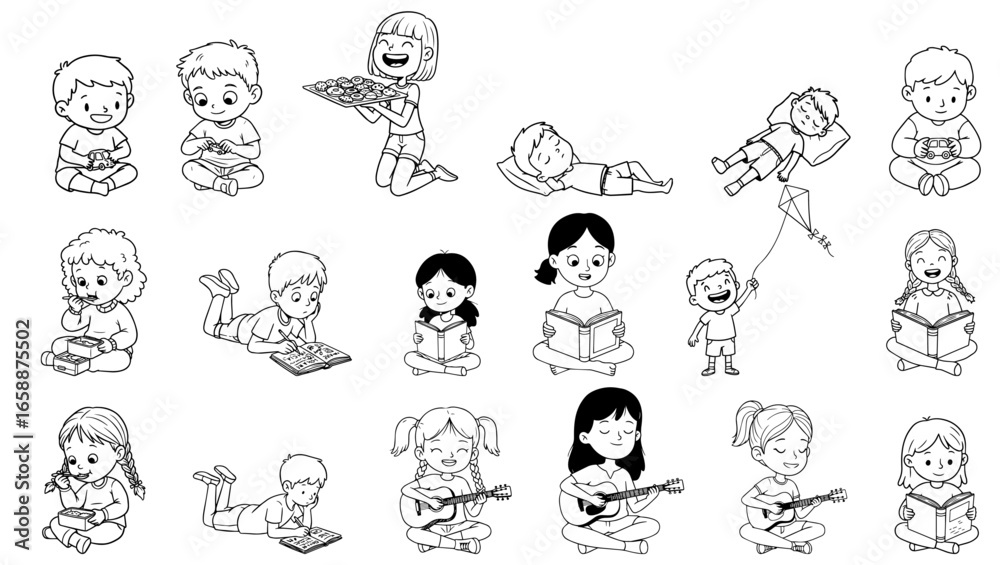 Fototapeta premium set of illustrations of children's activities for coloring books