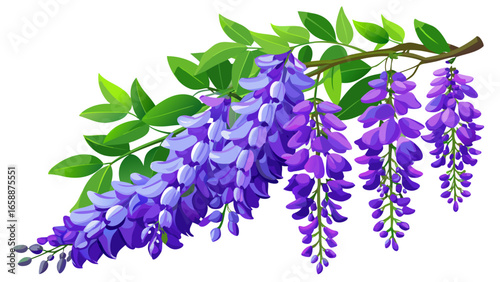 An elegant purple Wisteria sinensis flower, commonly called Blue Rain, cascades gracefully, set on a clean white background, capturing timeless charm, delicate natural beauty, and enchanting essence i