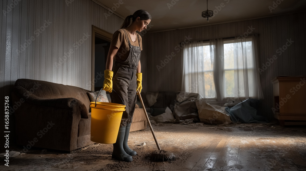 Fototapeta premium Woman mops water-damaged floor in dimly lit living room with debris and soaked furniture. Dusty and neglected atmosphere suggests recent flooding