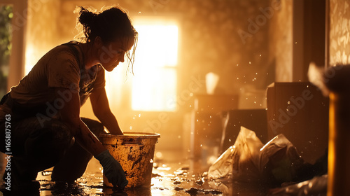 Wallpaper Mural Woman crouches while cleaning water-damaged floor with bucket in a dimly lit living area. Sunlight filters through window, creating warm atmosphere Torontodigital.ca