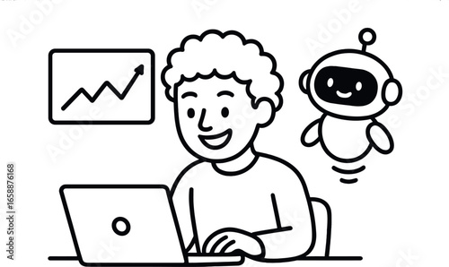 A cheerful person with curly hair works on a laptop, smiling at the screen. A friendly robot hovers beside them, adding a tech-savvy touch. A graph is