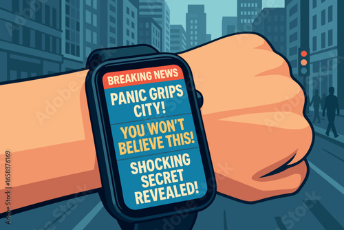 A smartwatch displaying breaking news alerts with sensationalist headlines. The watch is worn on a wrist amidst a busy urban background. The