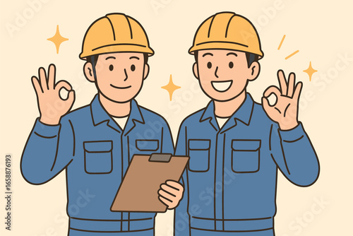 Two construction workers wearing helmets and blue uniforms stand side by side, both giving an 'OK' sign. One holds a clipboard while the other smiles