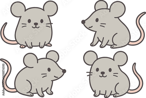 Four cartoon mice, each with round bodies and small ears, positioned in a playful configuration. Two face forward, one turns left, and the last looks