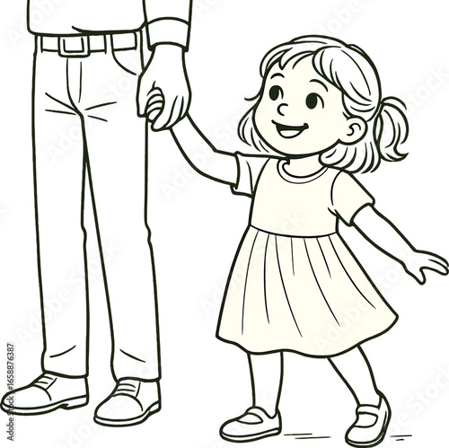 A young girl stands confidently, holding her father's hand. Her expression is one of curiosity and joy, embodying the innocence of childhood. The line