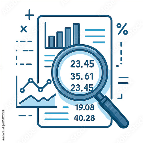 A magnifying glass hovering over a document filled with numbers and graphs, suggesting analysis and scrutiny. The glass is the focal point, enlarging