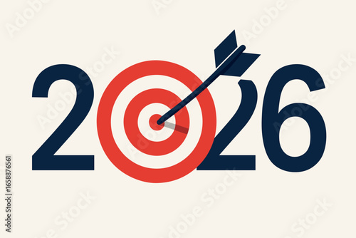The year 2026 is strikingly displayed with a bold target as the zero, symbolizing focus and goals. An arrow is perfectly lodged in the center,
