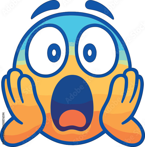 A cartoonish shocked face with wide eyes and an open mouth, hands on cheeks expressing surprise. The gradient colors blend from blue to orange,