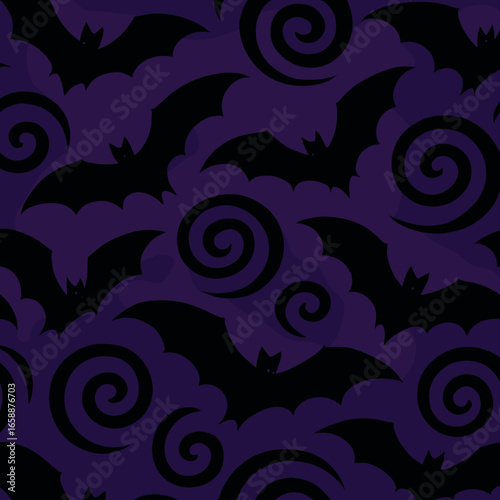 Eerie bats flutter amid swirling patterns, their wings casting shadows that add depth to the design. The layout is a rhythmic alternation of bats and