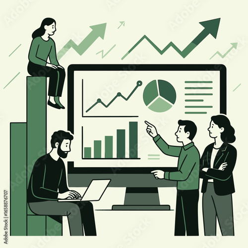 A team collaborates around a large computer screen displaying graphs and data. One person sits on a bar chart, while another points at the screen,